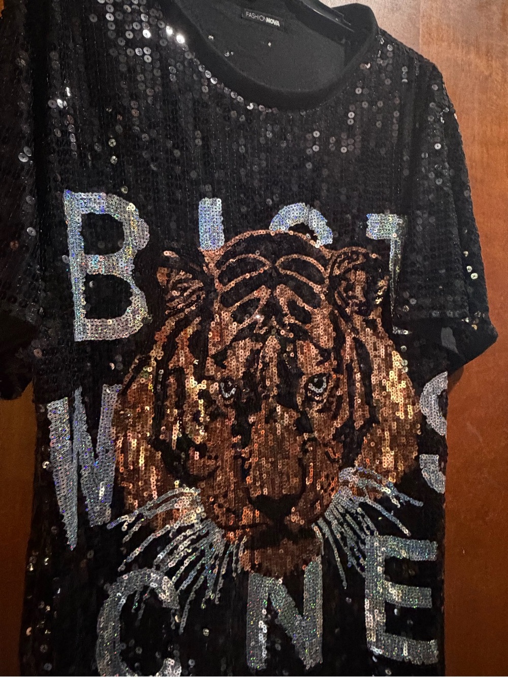 Fashion Nova Black Sequin Mini Dress with Bronze & Silver Tiger Graphic